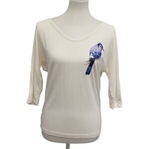 Hand Printed Upcycled Womens Medium Blue Jay Bird Long Sleeve 3/4 Sleeve Tee